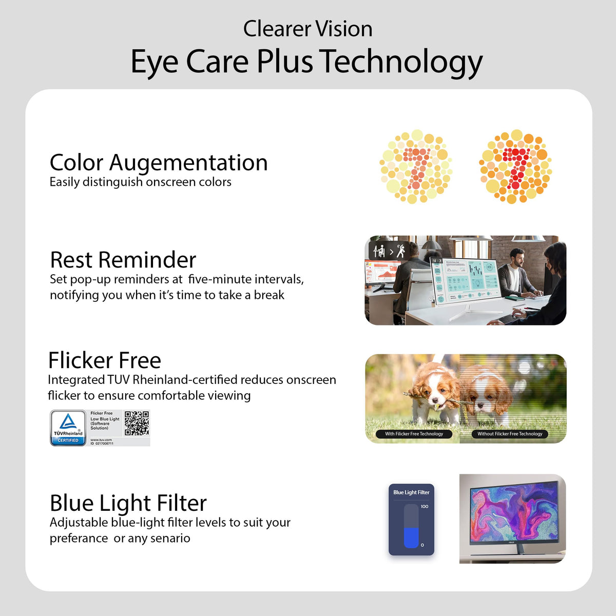 ASUS VU249HFI-W TÜV certified blue light filter reduces eye strain