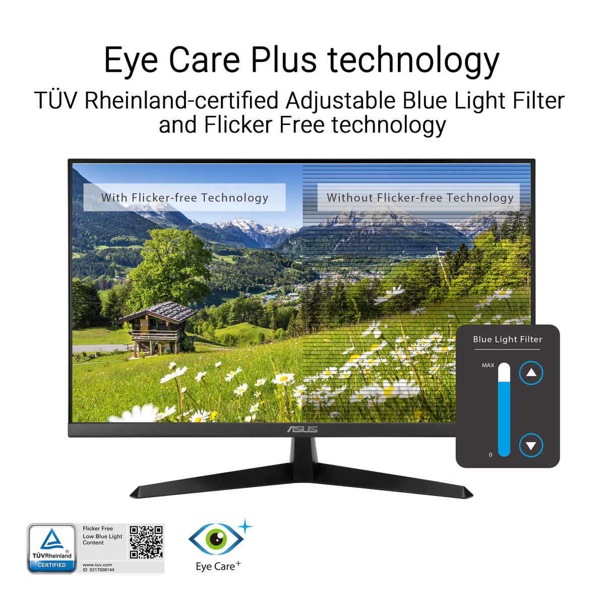 ASUS VY27UQ eye care plus interface highlights color augmentation and rest reminder