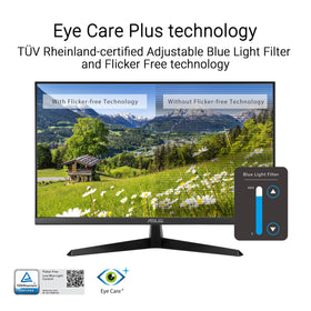 ASUS VY27UQ eye care plus interface highlights color augmentation and rest reminder