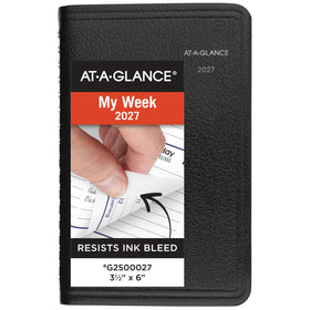 AT-A-GLANCE appointment book weekly front cover highlights durable design for year-long planning.