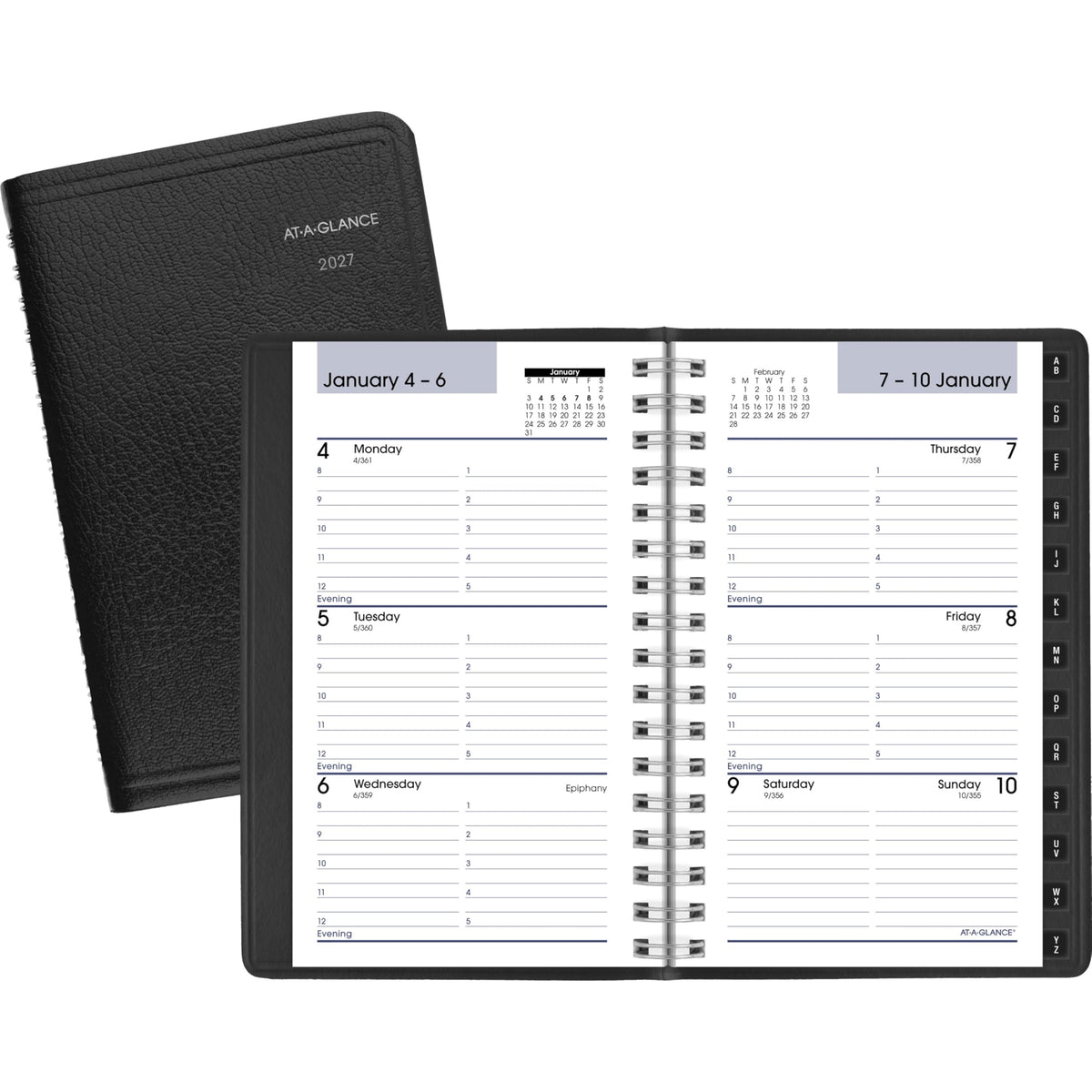 AT-A-GLANCE personal information and tabbed telephone pages aid quick contact notes.