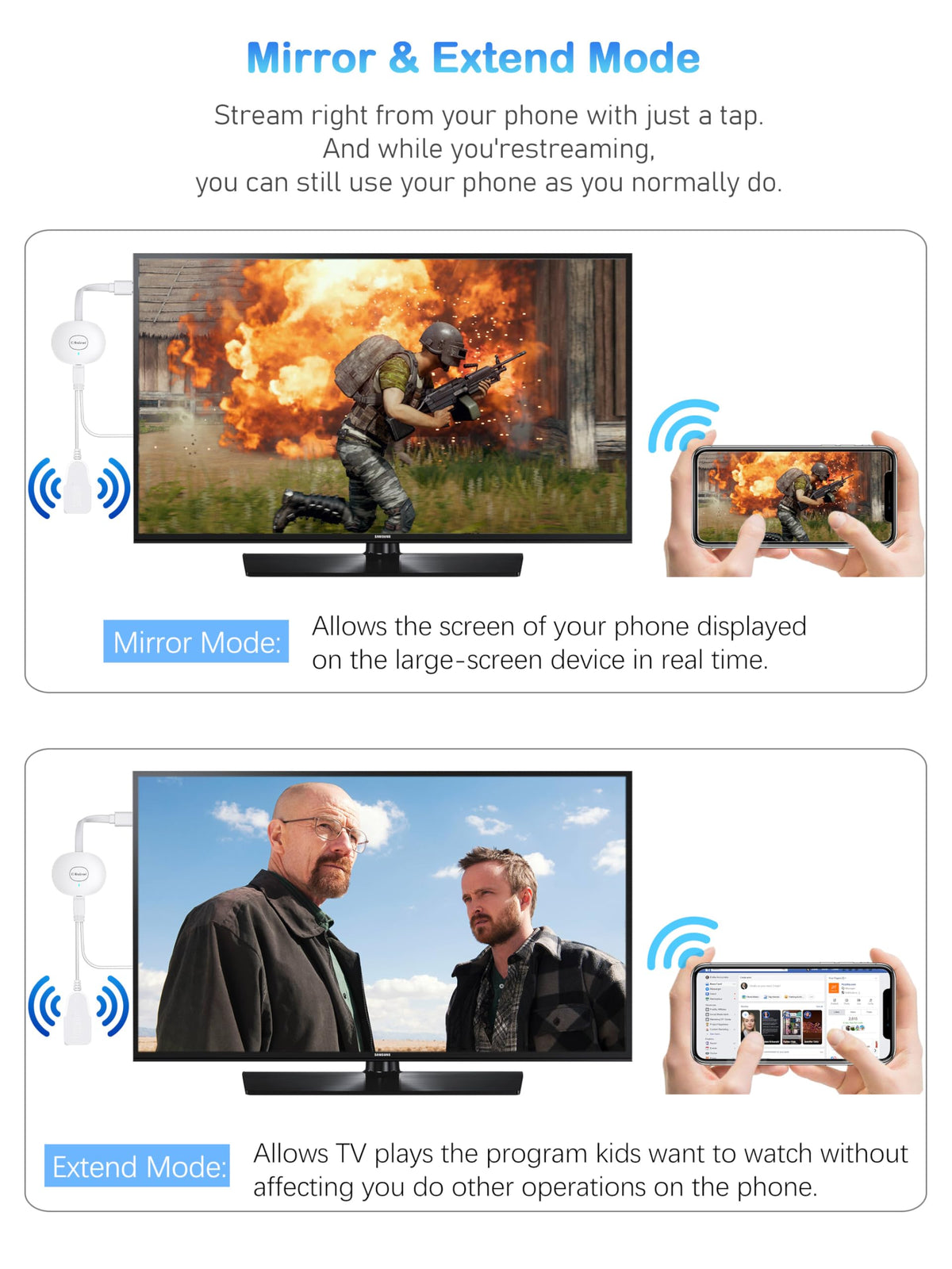 AT-Mizhi wireless HDMI dongle: wide device compatibility across smartphones and PCs.