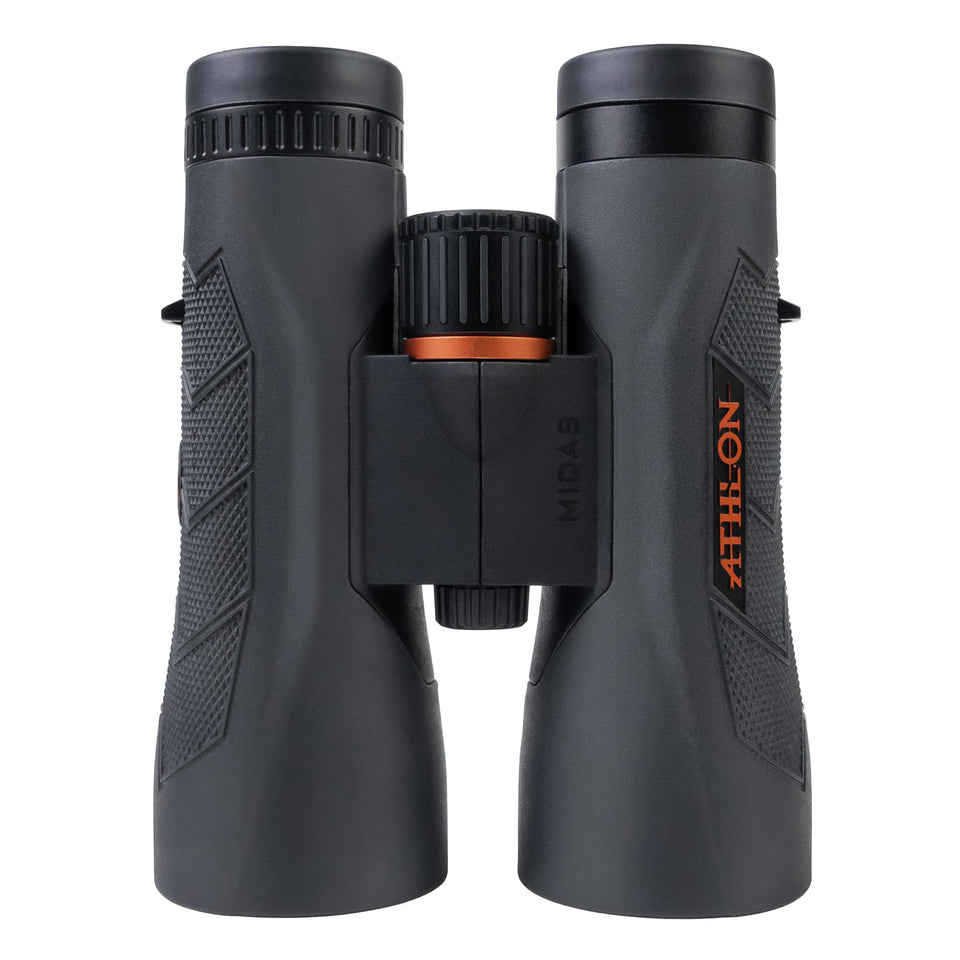 Athlon Optics Midas G2 UHD binoculars side view showing rugged, lightweight magnesium chassis for outdoor use.