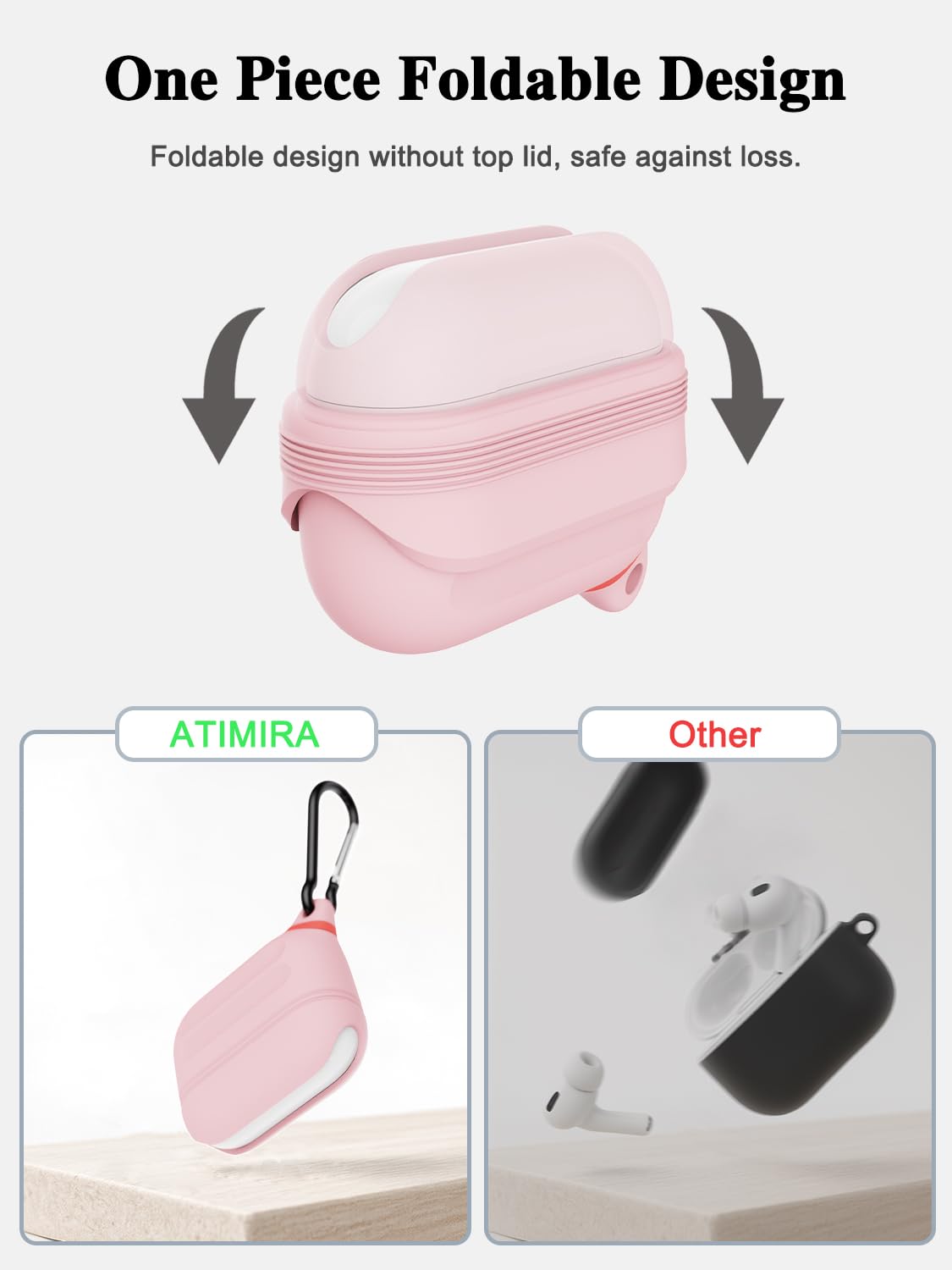 ATIMIRA case with metal carabiner clipped to belt loop for convenient carrying