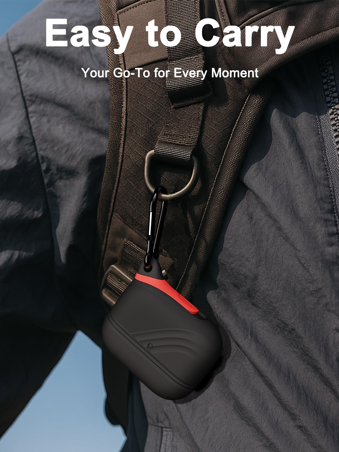 ATIMIRA case attached to a backpack strap in lifestyle scene, offers hands-free convenience