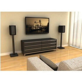 Atlantic bookshelf speaker stand in easy-assembly setup with non-marring feet protecting floors