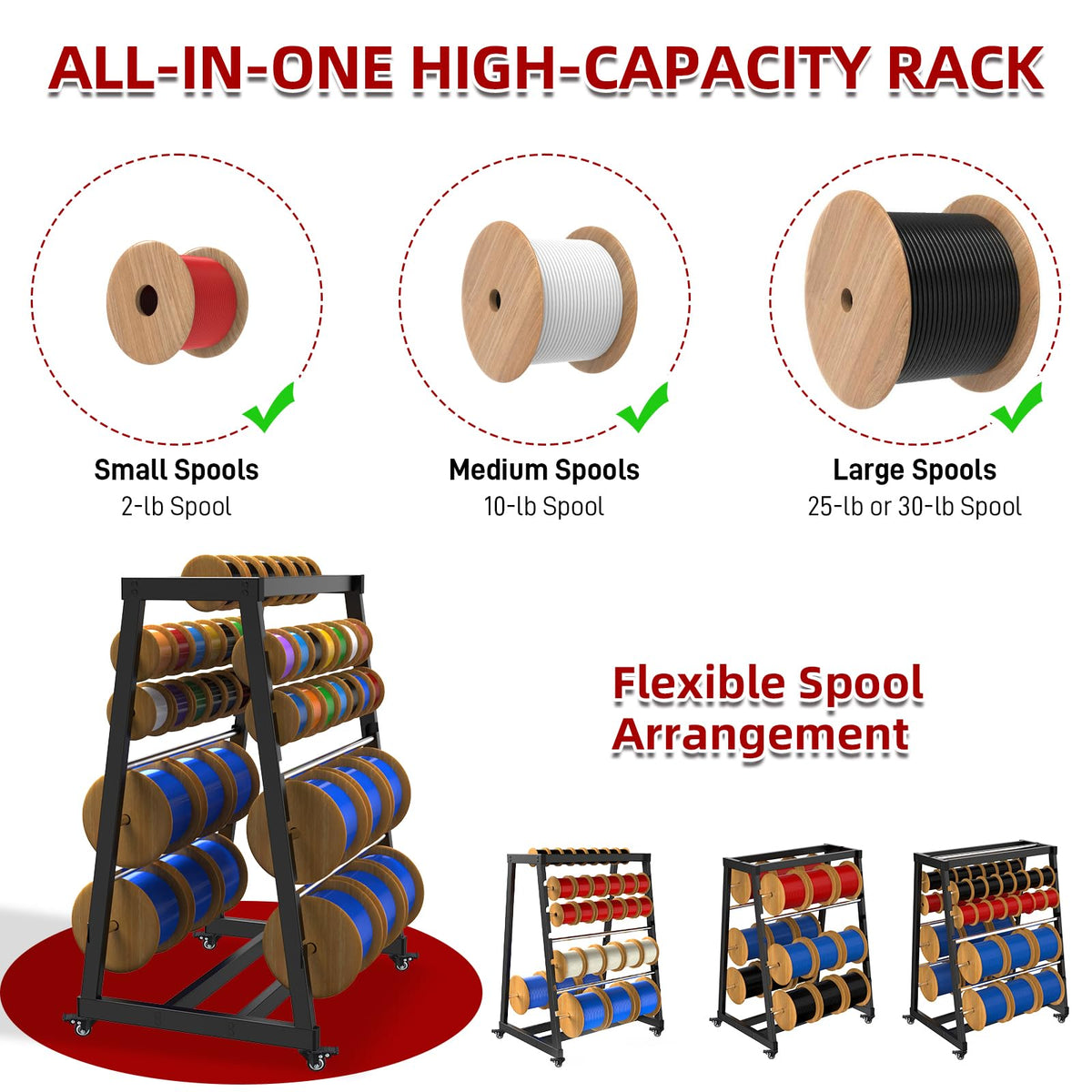 ATOLS versatile rack stores cables, tubing, and filaments neatly.
