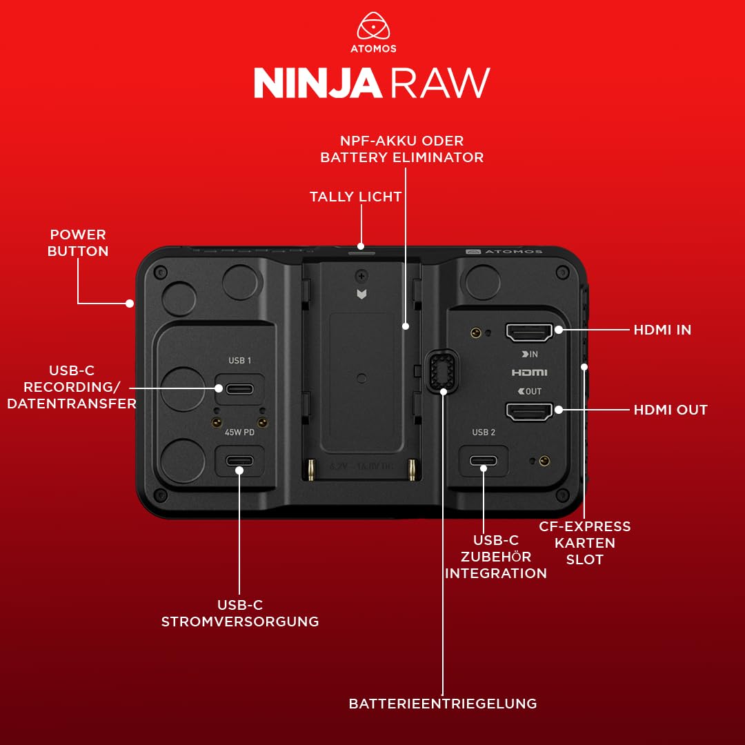Atomos Ninja RAW portable power options with NP-F or USB-C