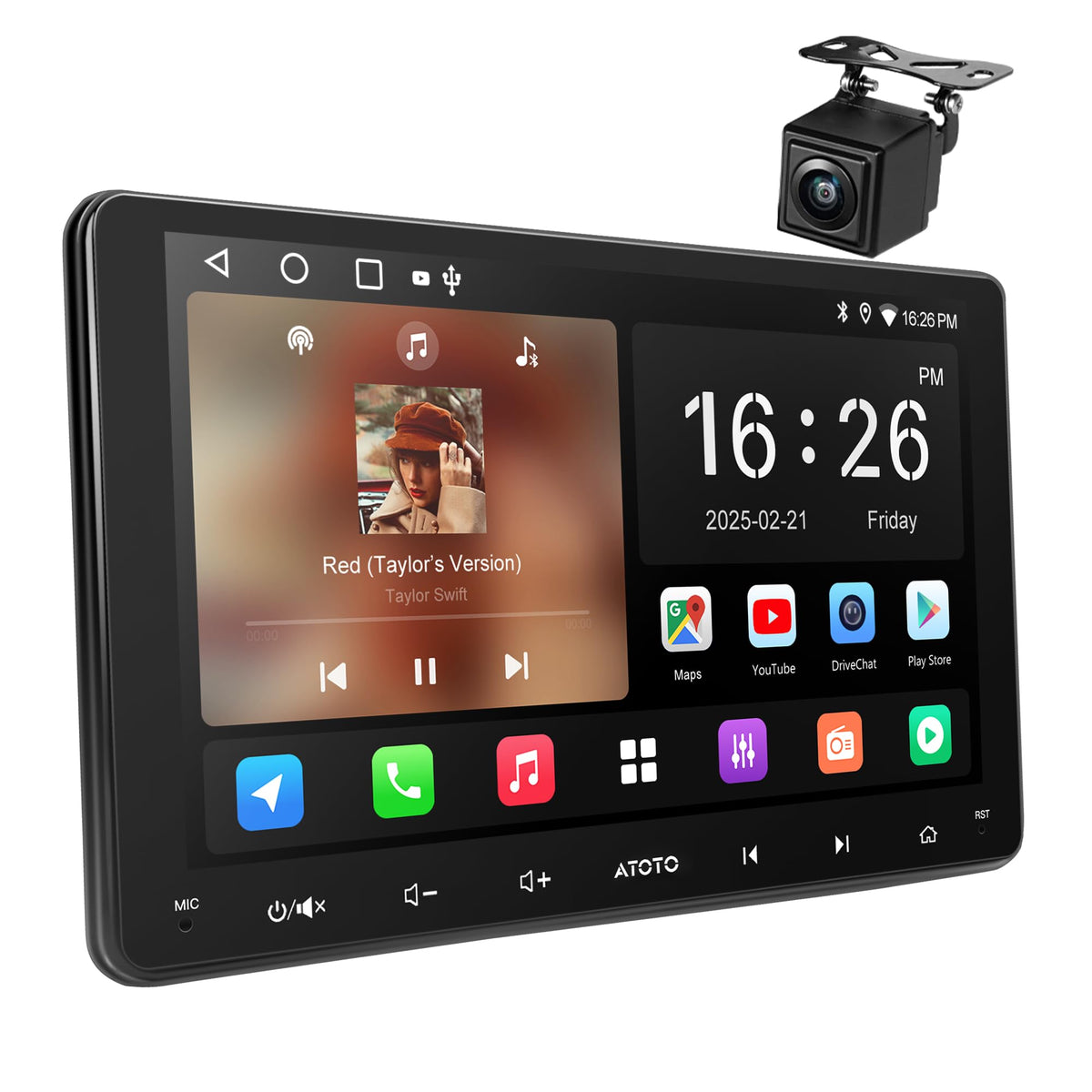 ATOTO A5L 9-inch display showcasing main screen for navigation and CarPlay.