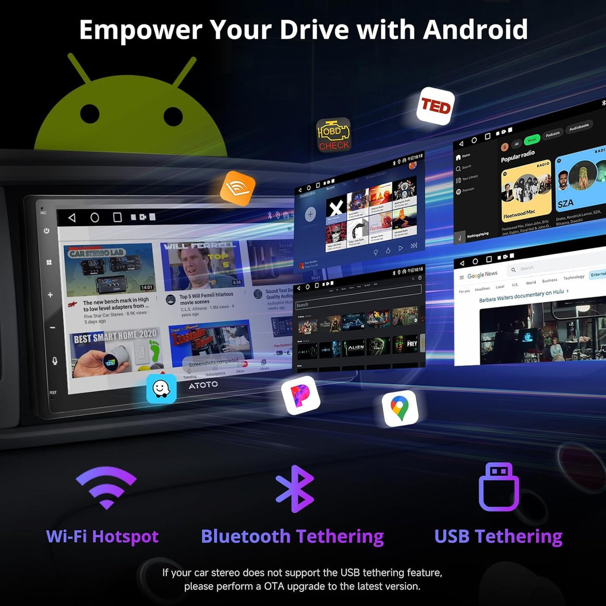 ATOTO A5L shows Wi-Fi and Bluetooth connectivity for apps and audio on the go.