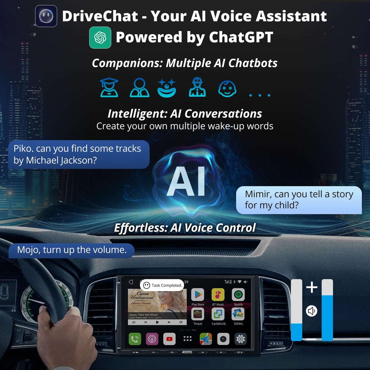 ATOTO S8 DriveChat AI assistant on screen enabling hands-free control