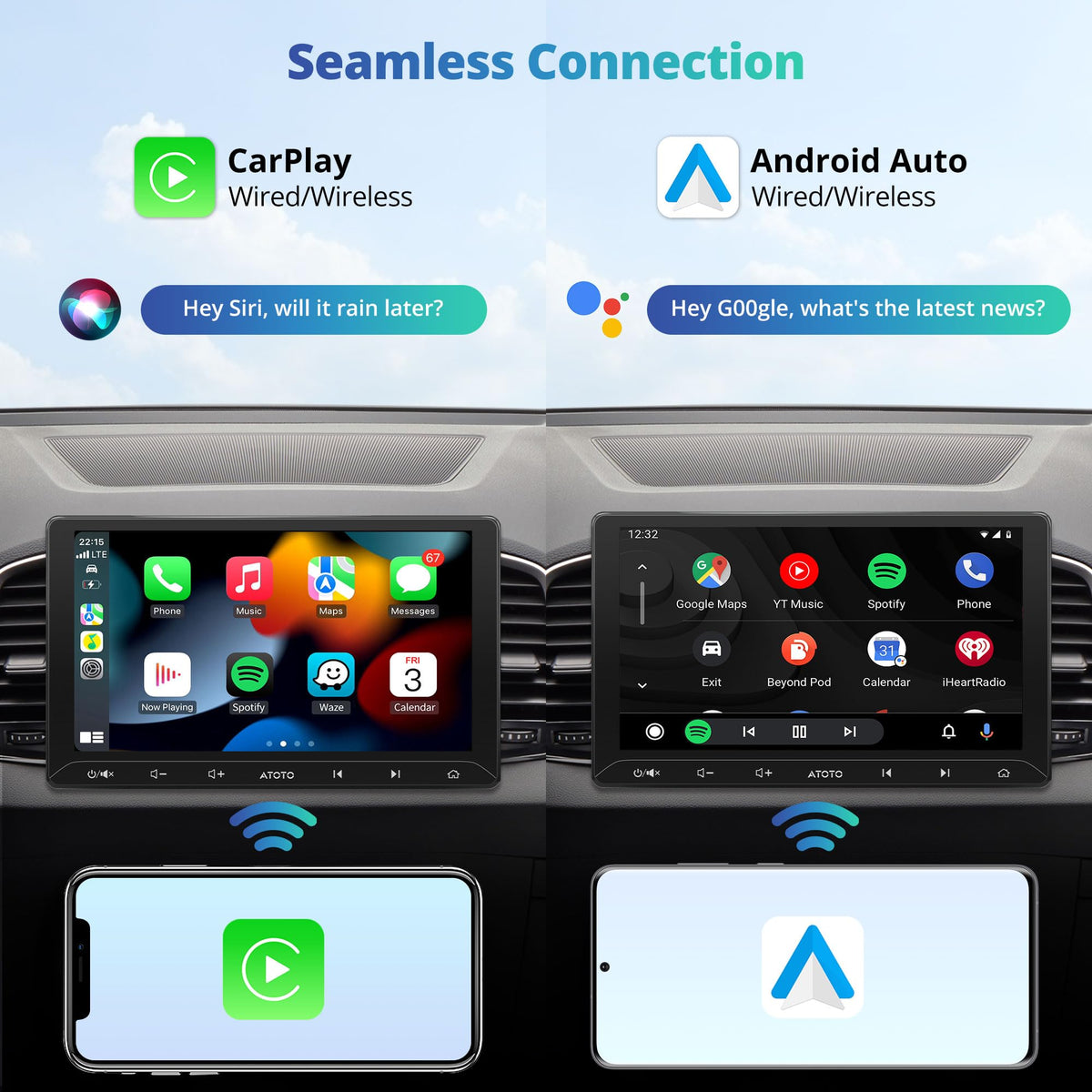 ATOTOEXCEL A5L wireless CarPlay and Android Auto enable safer smartphone use
