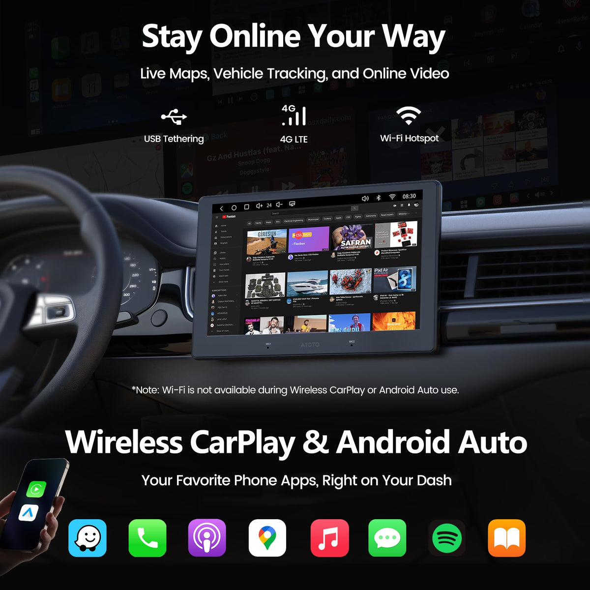 ATOTOOUT A7 4G/Wi‑Fi connectivity keeps apps online while driving.