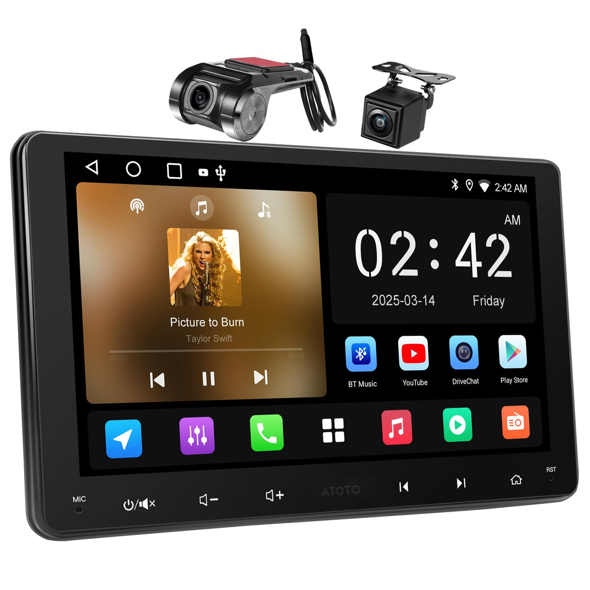 ATOTOZONE 9-inch Android car stereo front view for easy navigation and media access.