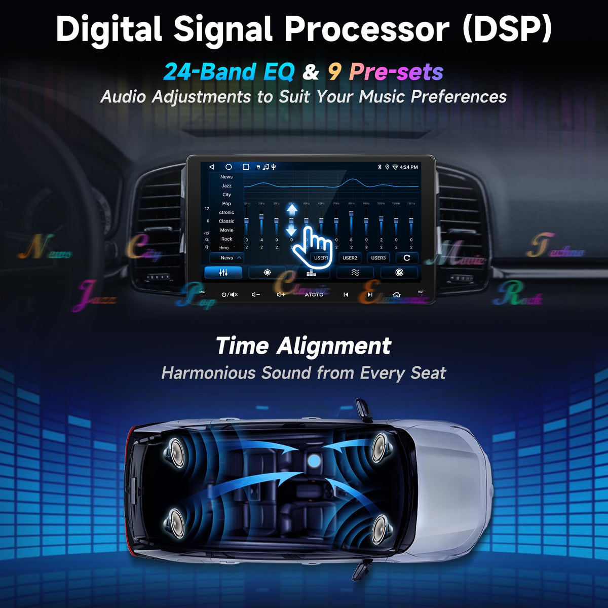ATOTOZONE wireless CarPlay and Android Auto for cable-free navigation and calls.