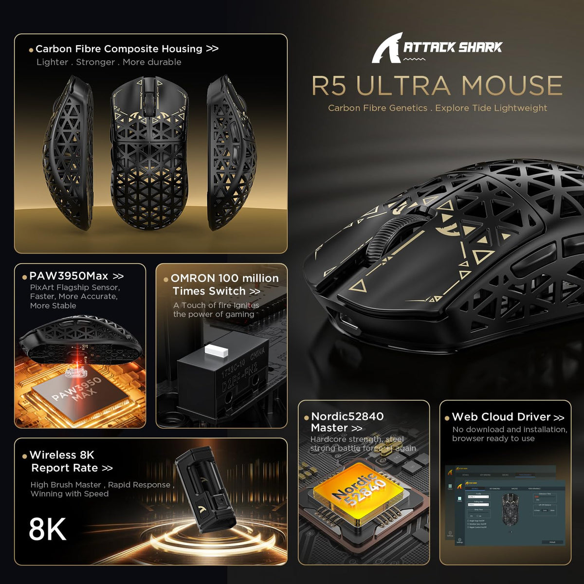 ATTACK SHARK R5 Ultra bottom view reveals ultra-light hollow design for speed.