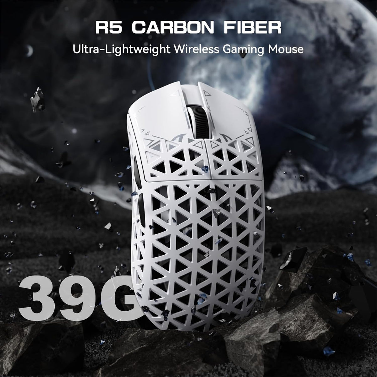 ATTACK SHARK R5 Ultra carbon shell close-up emphasizes durability and featherweight feel.