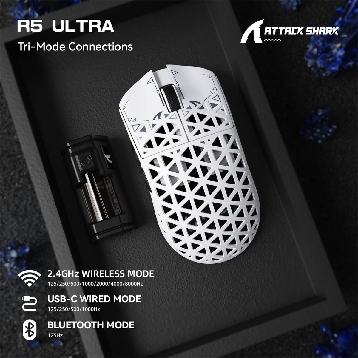 ATTACK SHARK R5 Ultra PAW3950MAX sensor close-up for high-precision tracking.