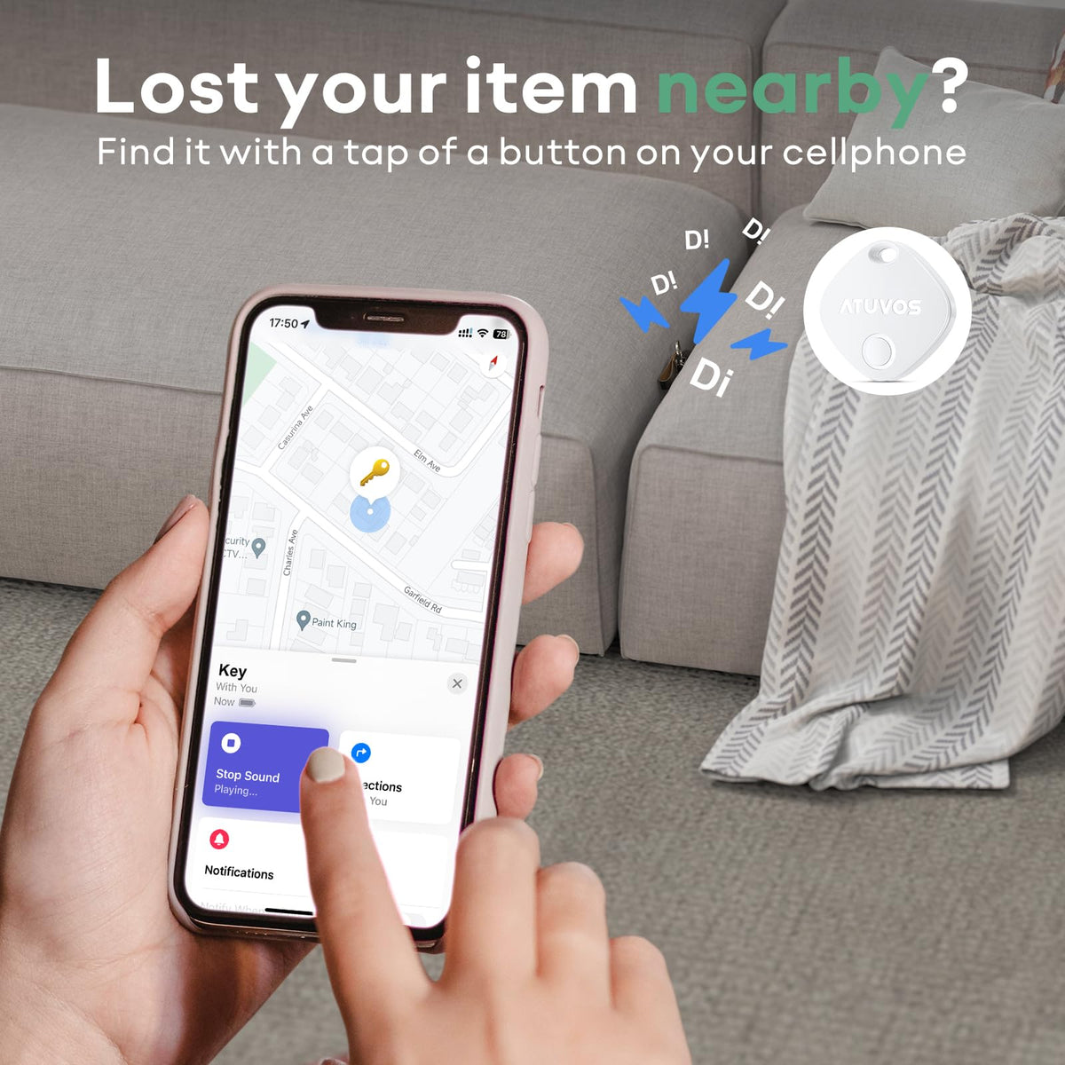 ATUVOS Air Tracker Tag on keys helps you find them quickly with iPhone
