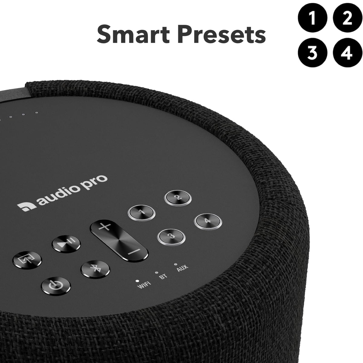Audio Pro A10MKII WiiM Edition controls emphasize voice assistant compatibility.
