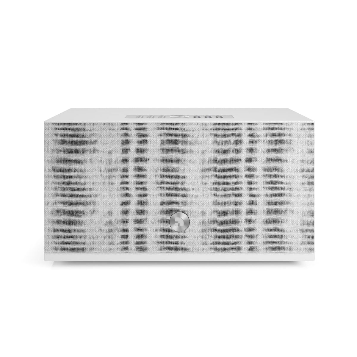 Audio Pro C10 MKII WiiM Edition front view, sleek white cabinet and hi-fi sound.