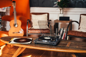 Audio-Technica AT-LP60XBT dust cover open for vinyl playback