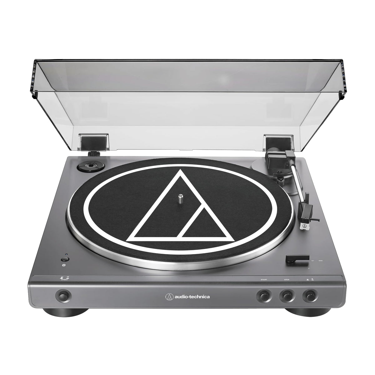 Audio-Technica AT-LP60XBT front view showing gun-metal finish and start/stop controls