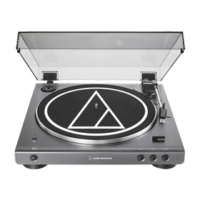 Audio-Technica AT-LP60XBT front view showing gun-metal finish and start/stop controls