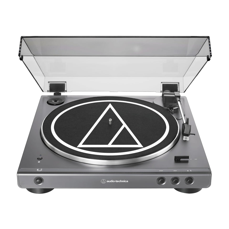 Audio-Technica AT-LP60XBT front view showing gun-metal finish and start/stop controls