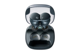 Charging case of Audio-Technica ATH-CKS50TW2BK with lid open for quick access.