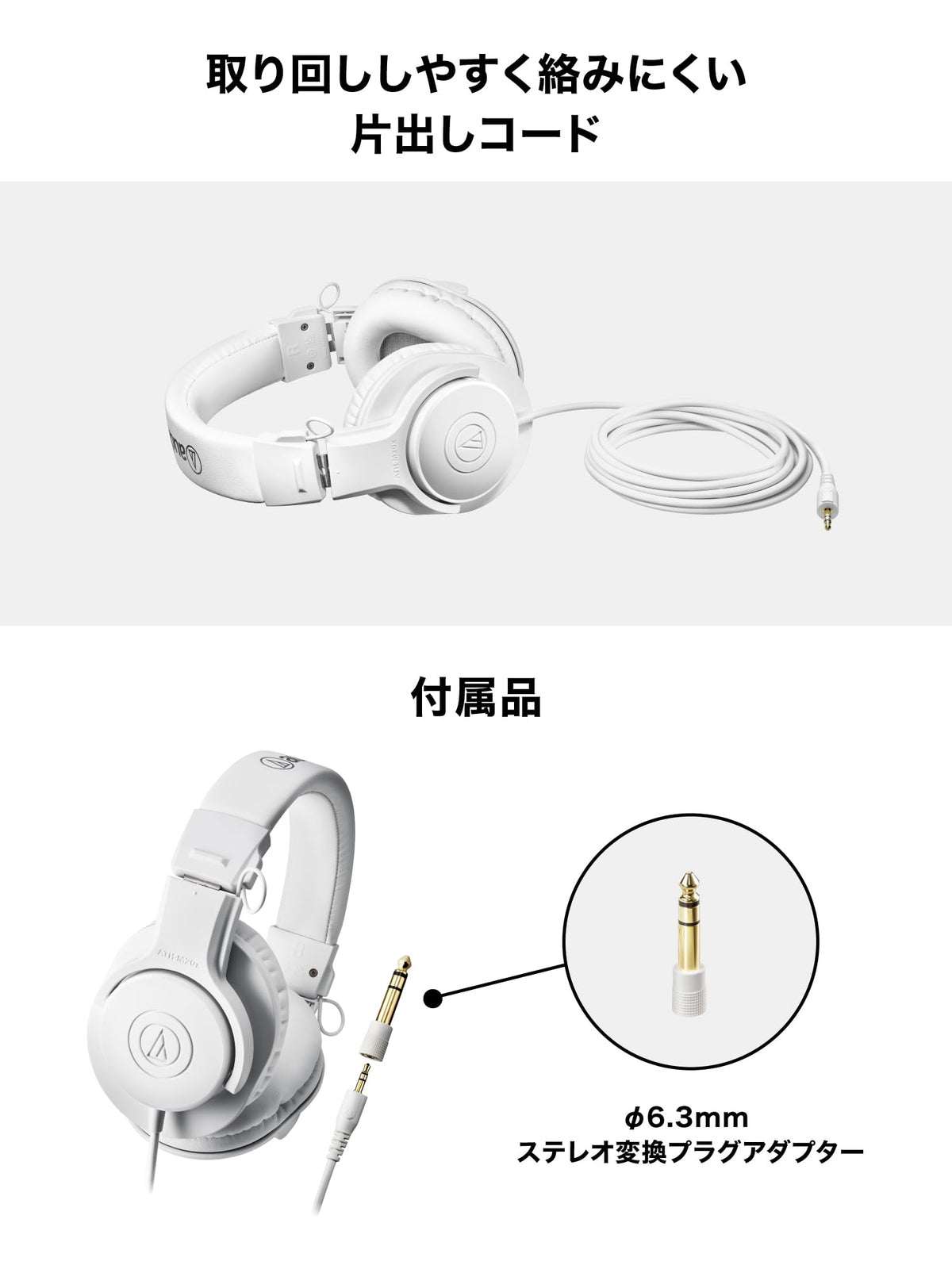 Audio-Technica ATH-M20xWH packaging includes essential accessories for immediate use.