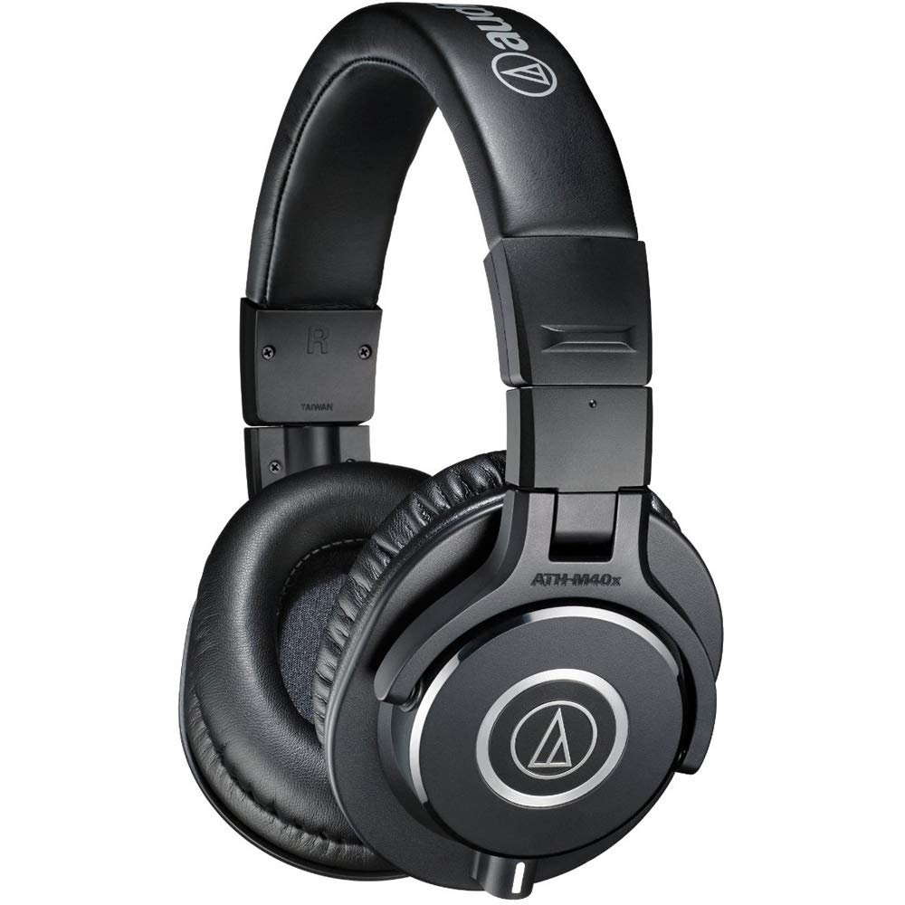 Audio-Technica ATH-M40x ear cups close-up shows sound isolation in loud environments.