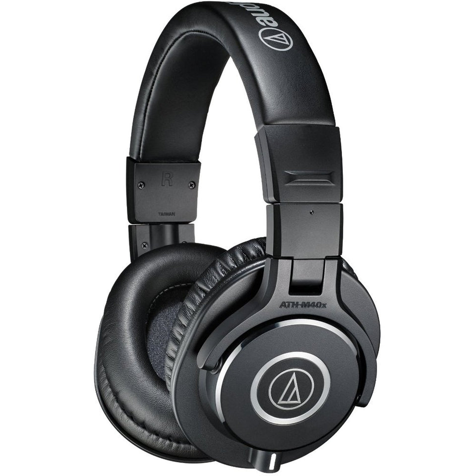 Audio-Technica ATH-M40x front view highlights sturdy studio design for precise monitoring.