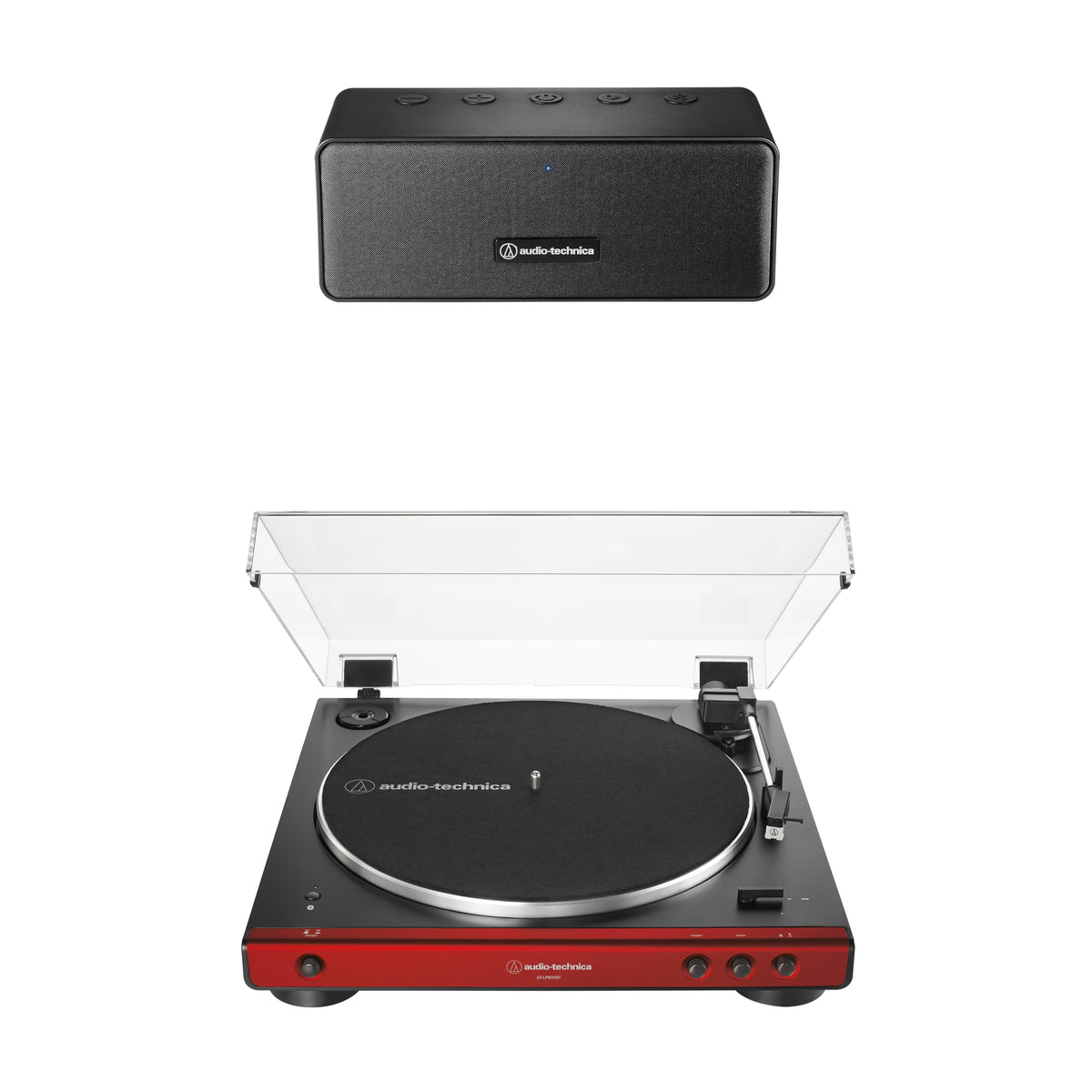 Audio-Technica ATLP60XBTRD turntable front view with auto start and stop controls.