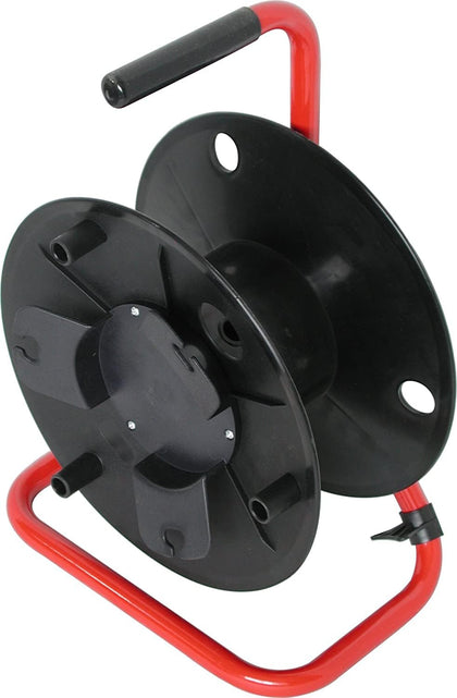 AUDIO 2000'S front view of red steel frame reel showing sturdy construction and portability
