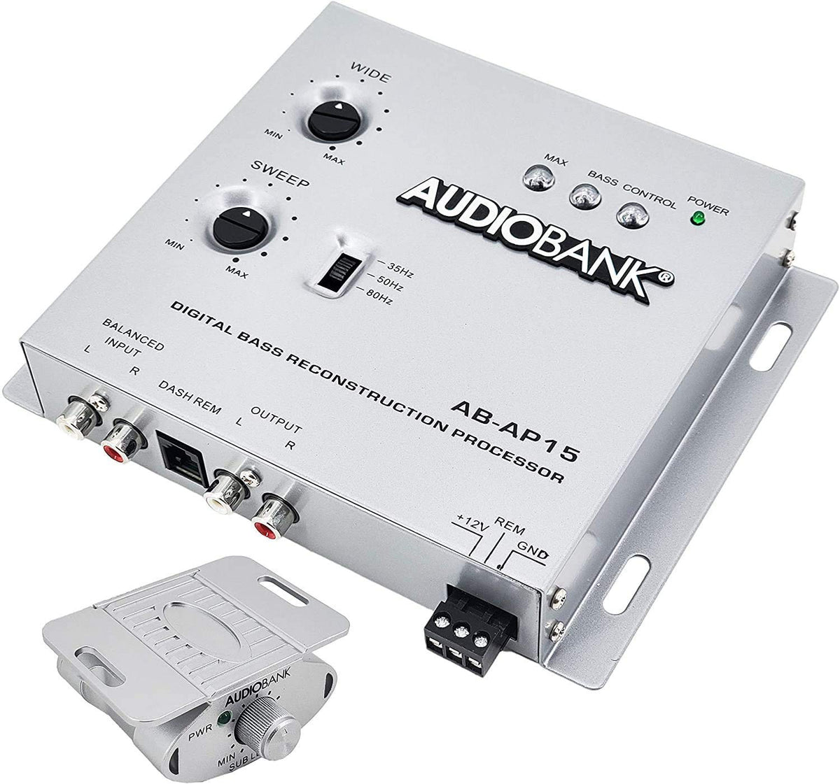 Audiobank AP15 front panel view showing controls and compact form, improves bass clarity