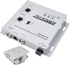 Audiobank AP15 front panel view showing controls and compact form, improves bass clarity