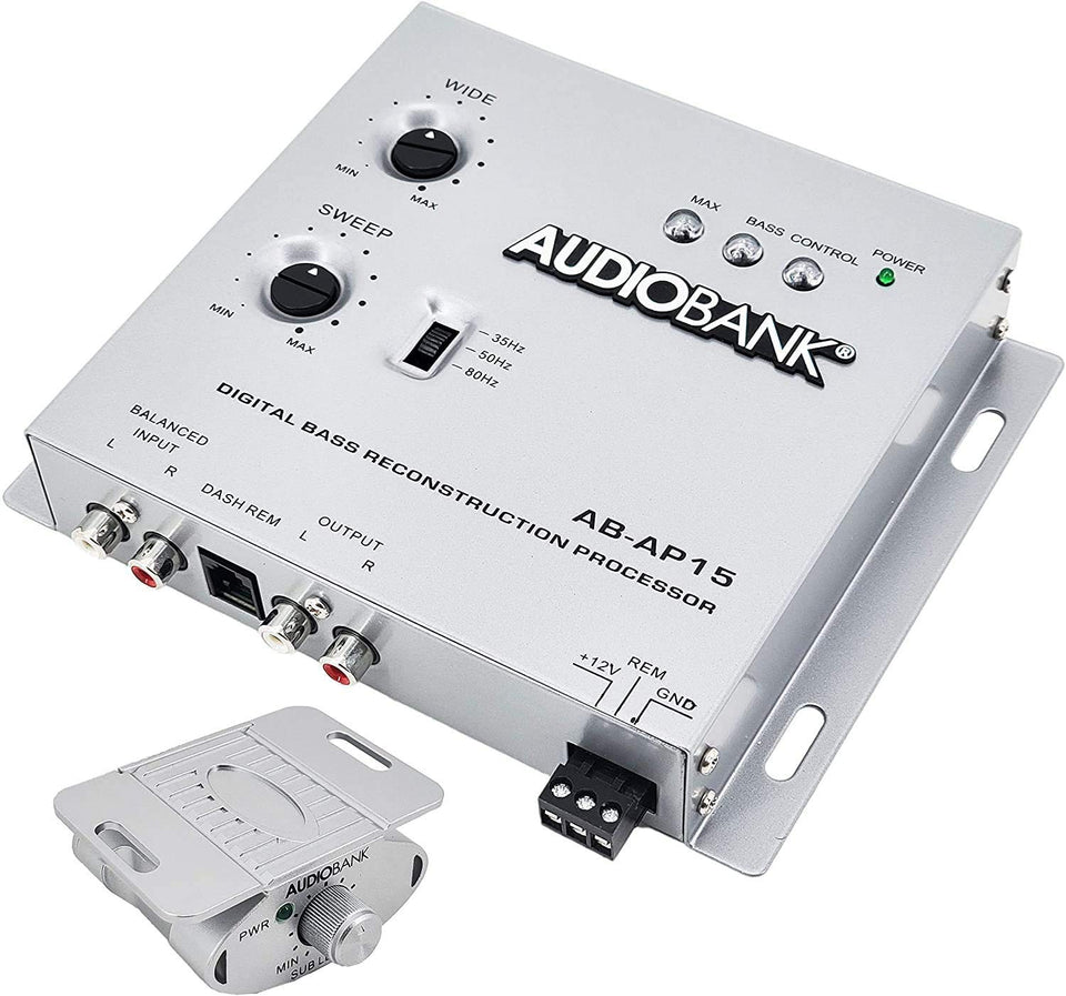Audiobank AP15 front panel view showing controls and compact form, improves bass clarity