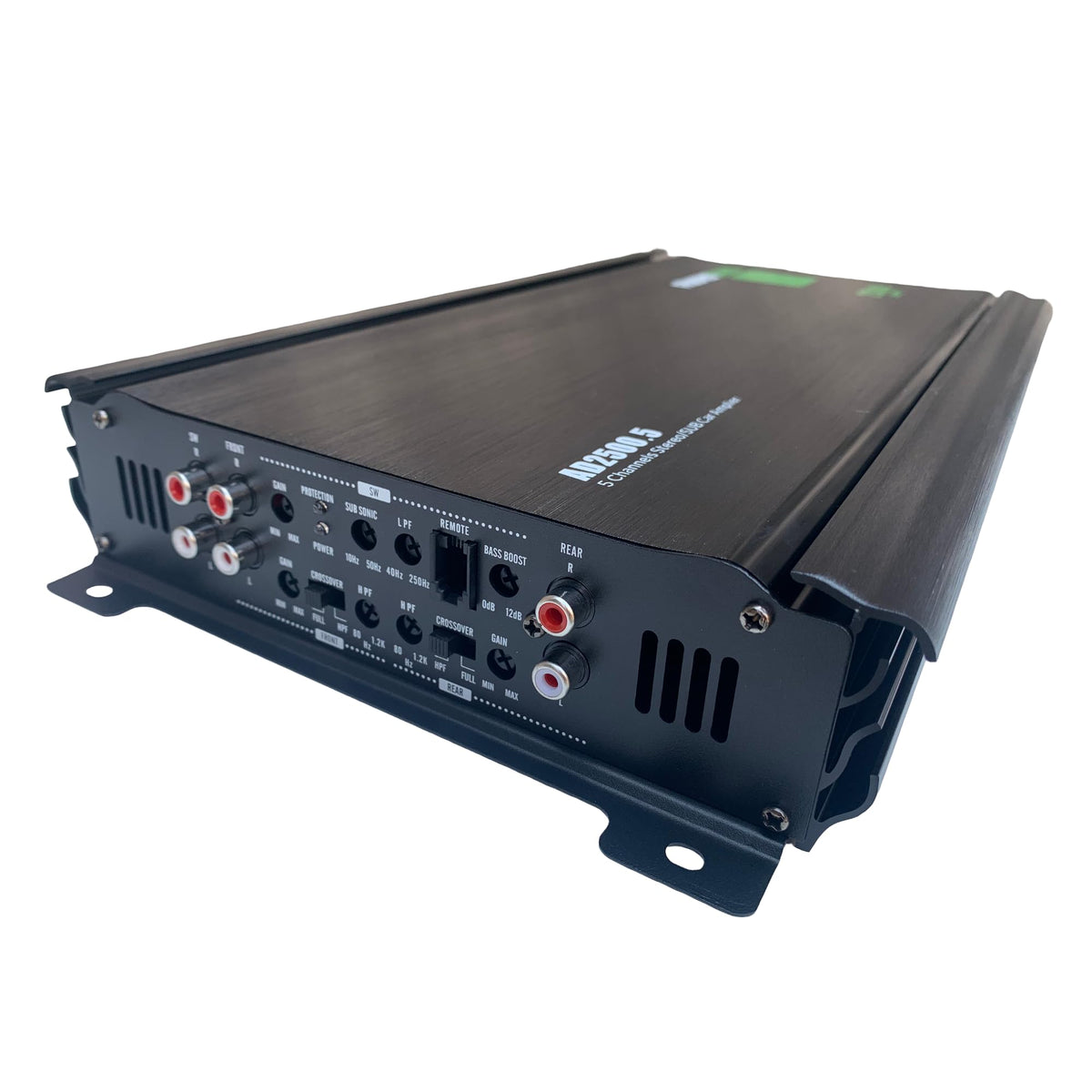 Audiobank Audio360 AD2500.5 bridged rear channels enable higher power for two-way setups.