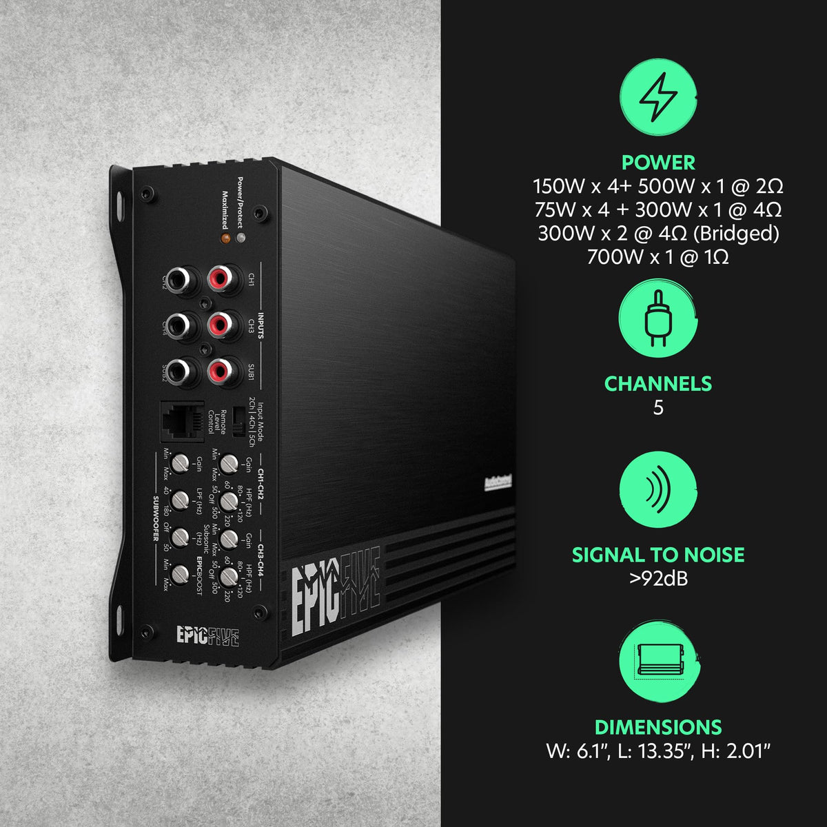 AudioControl EPICFIVE demonstrates 1100W RMS power output for precise car audio