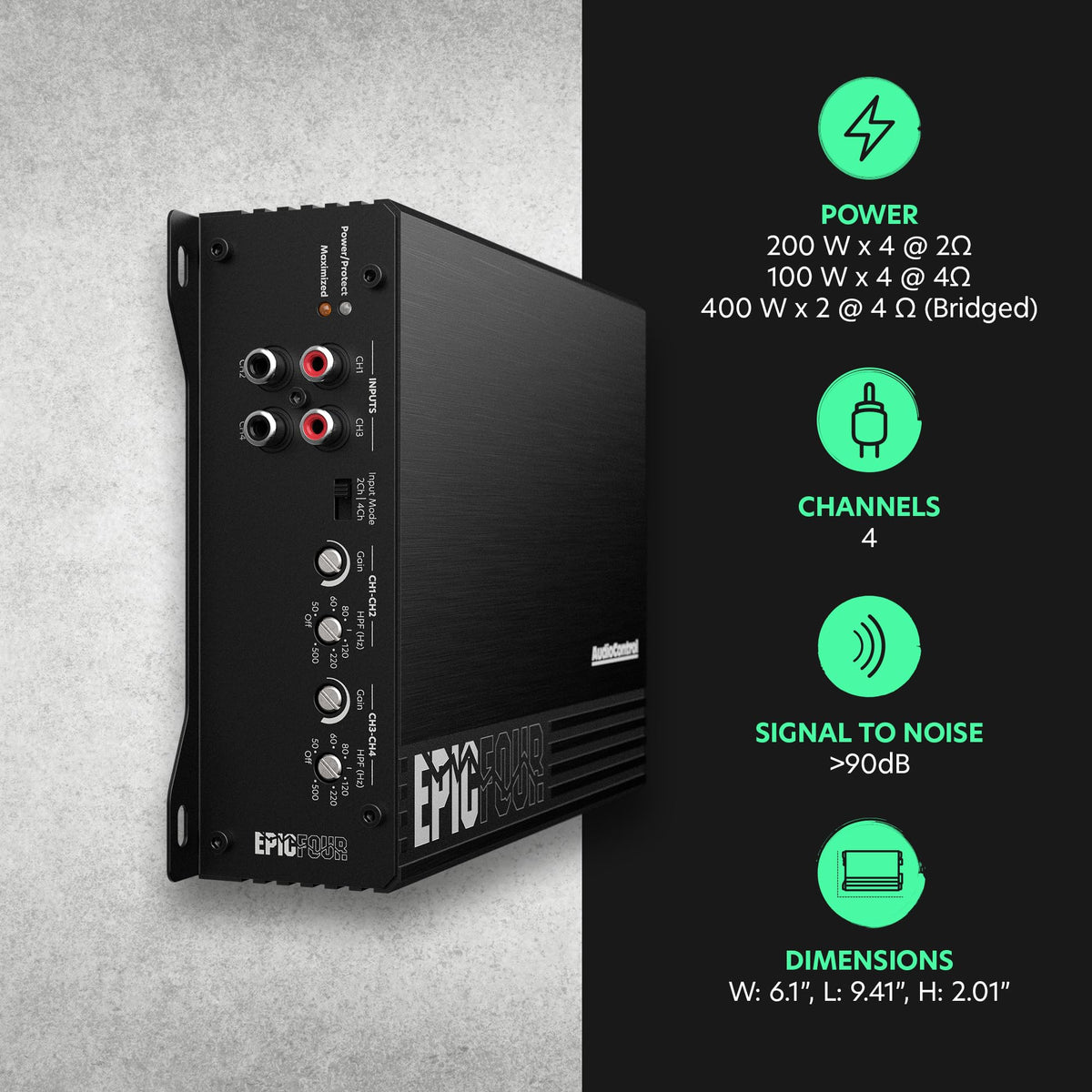 AudioControl EpicFour 800W output delivers deep bass with precise music detail.