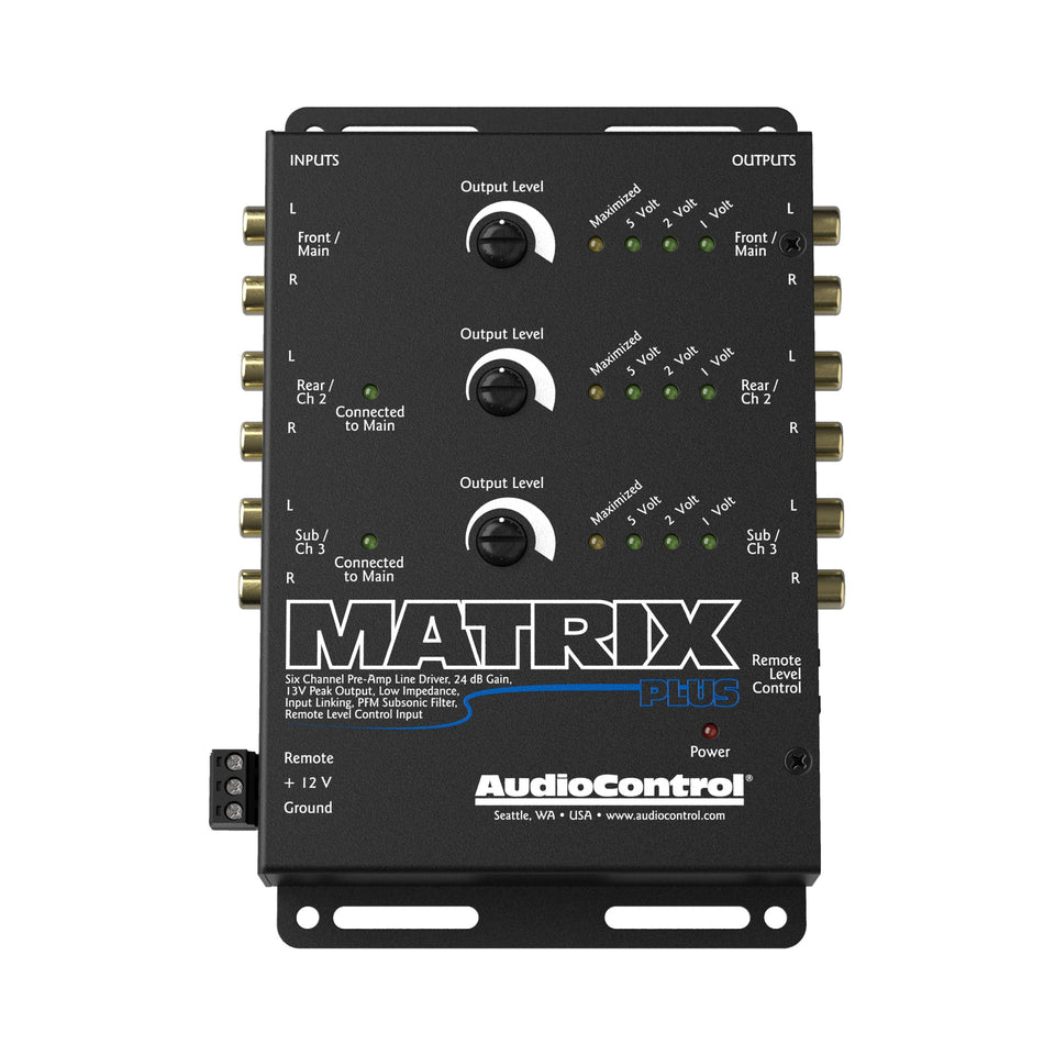 AudioControl Matrix Plus front panel view highlights rugged build for car installs.