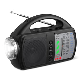 Audiocrazy NOAA radio front view with compact design and accessible controls.