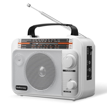Audiocrazy AMFM-SW radio front view, compact for easy desk listening.