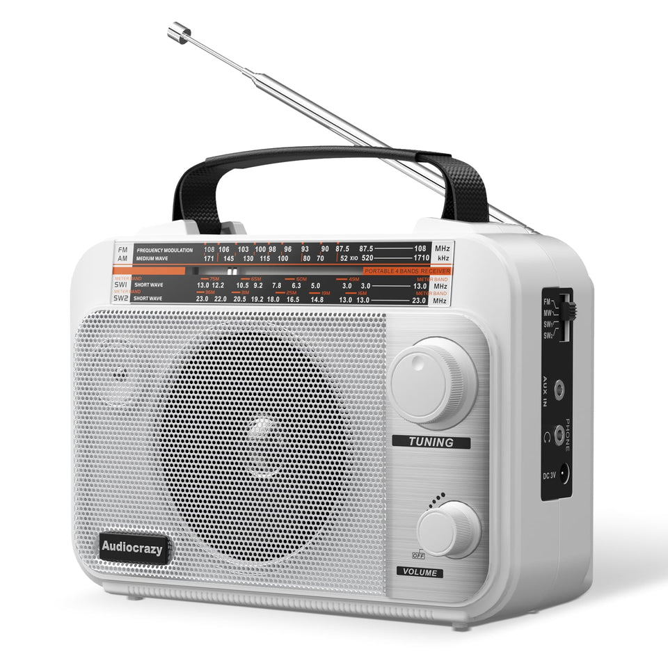 Audiocrazy AMFM-SW radio front view, compact for easy desk listening.