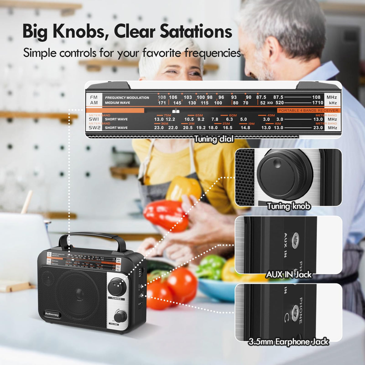 Audiocrazy aux-in jack for quick device connection and listening