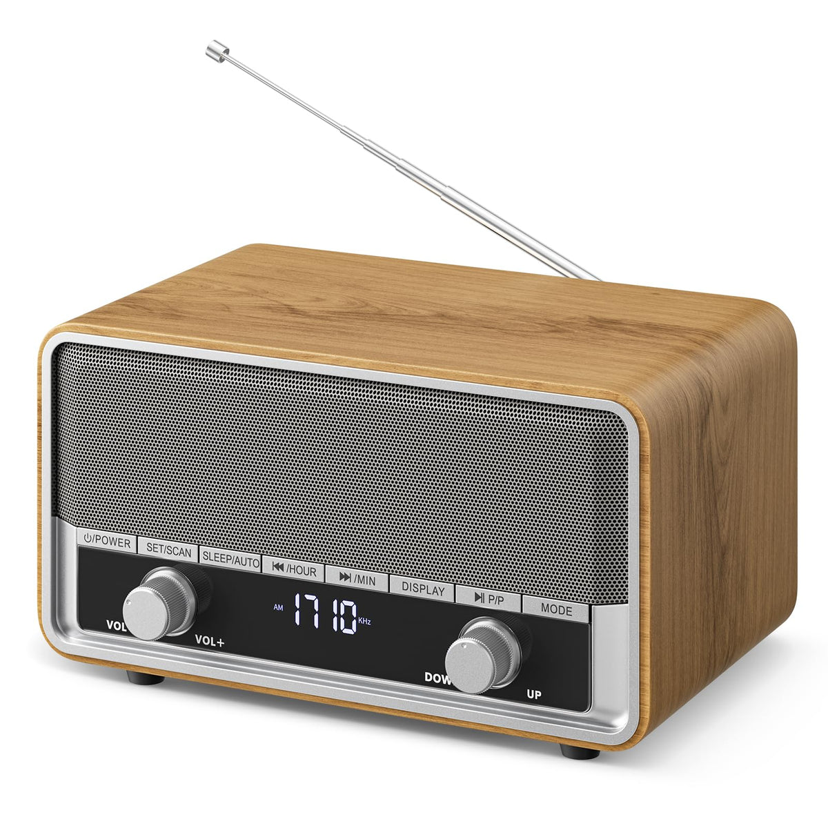 Audiocrazy front panel showing vintage wood finish and clear display benefit