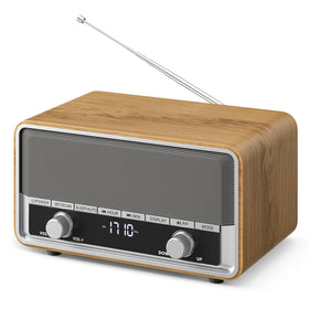 Audiocrazy front panel showing vintage wood finish and clear display benefit