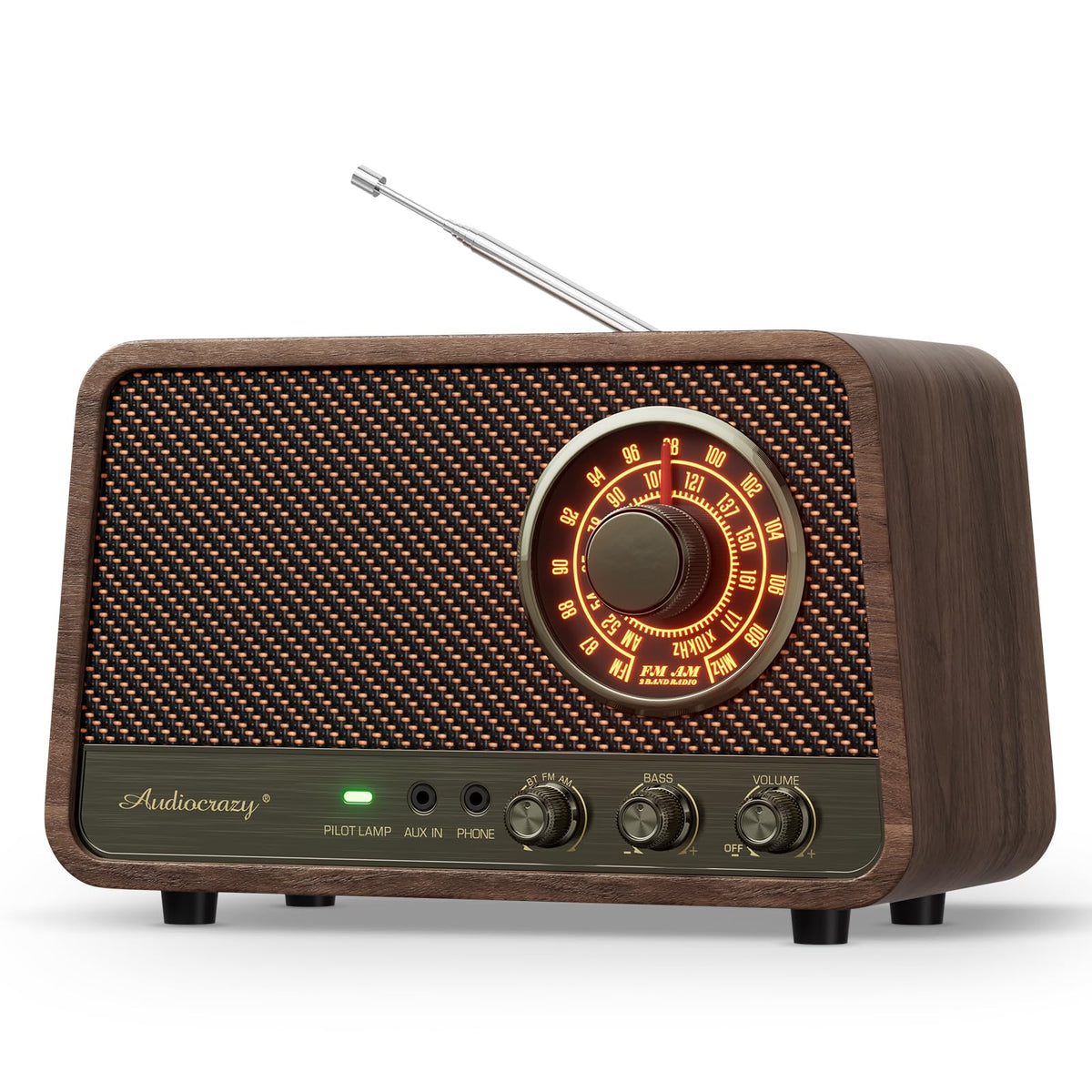 Audiocrazy front view showing wood finish and retro styling, enhances room decor