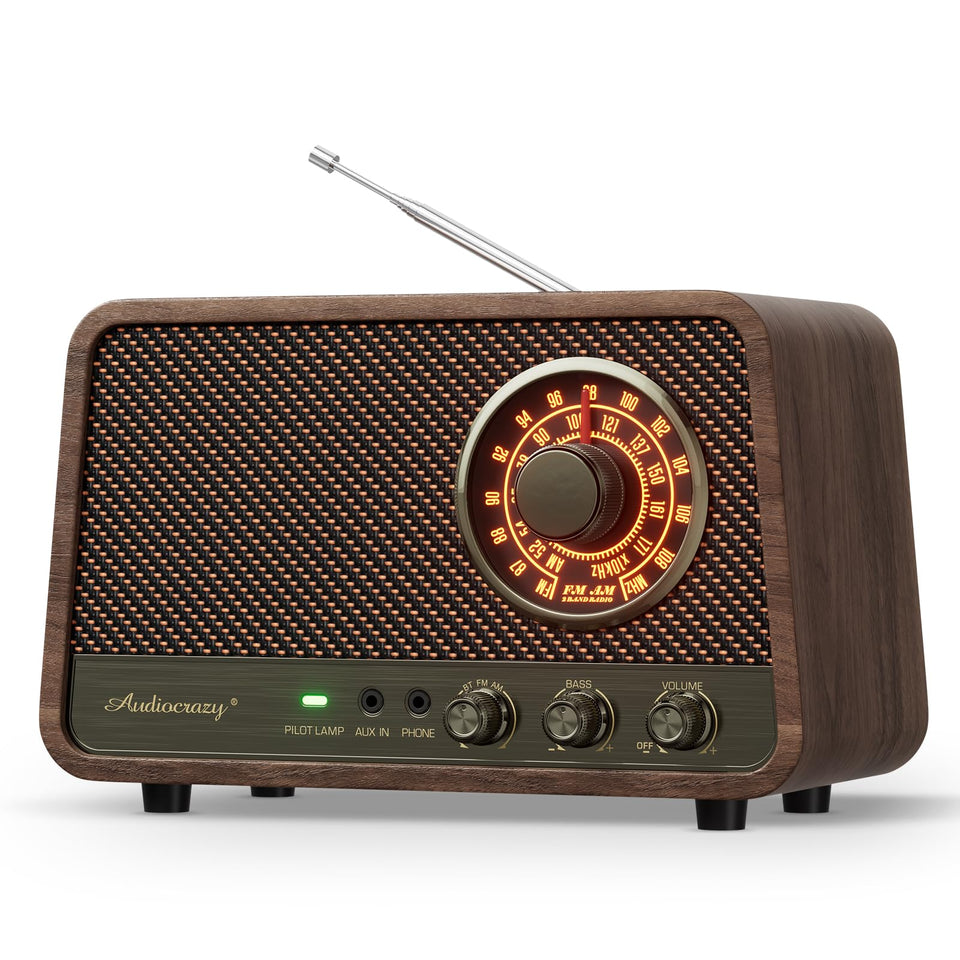 Audiocrazy front view showing wood finish and retro styling, enhances room decor
